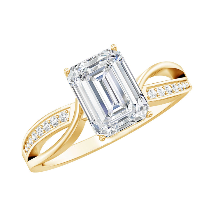 Certified 6x8 mm emerald cut moissanite infinity engagement ring featuring a sparkling center stone and intricate band design.