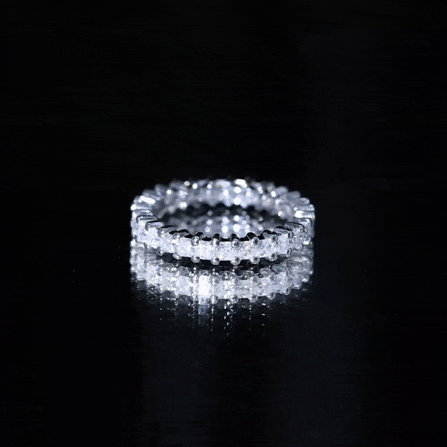 Yellow gold princess cut cubic zirconia eternity wedding band ring by Rosec Jewels with certificate, featuring sparkling stones and a sleek design.