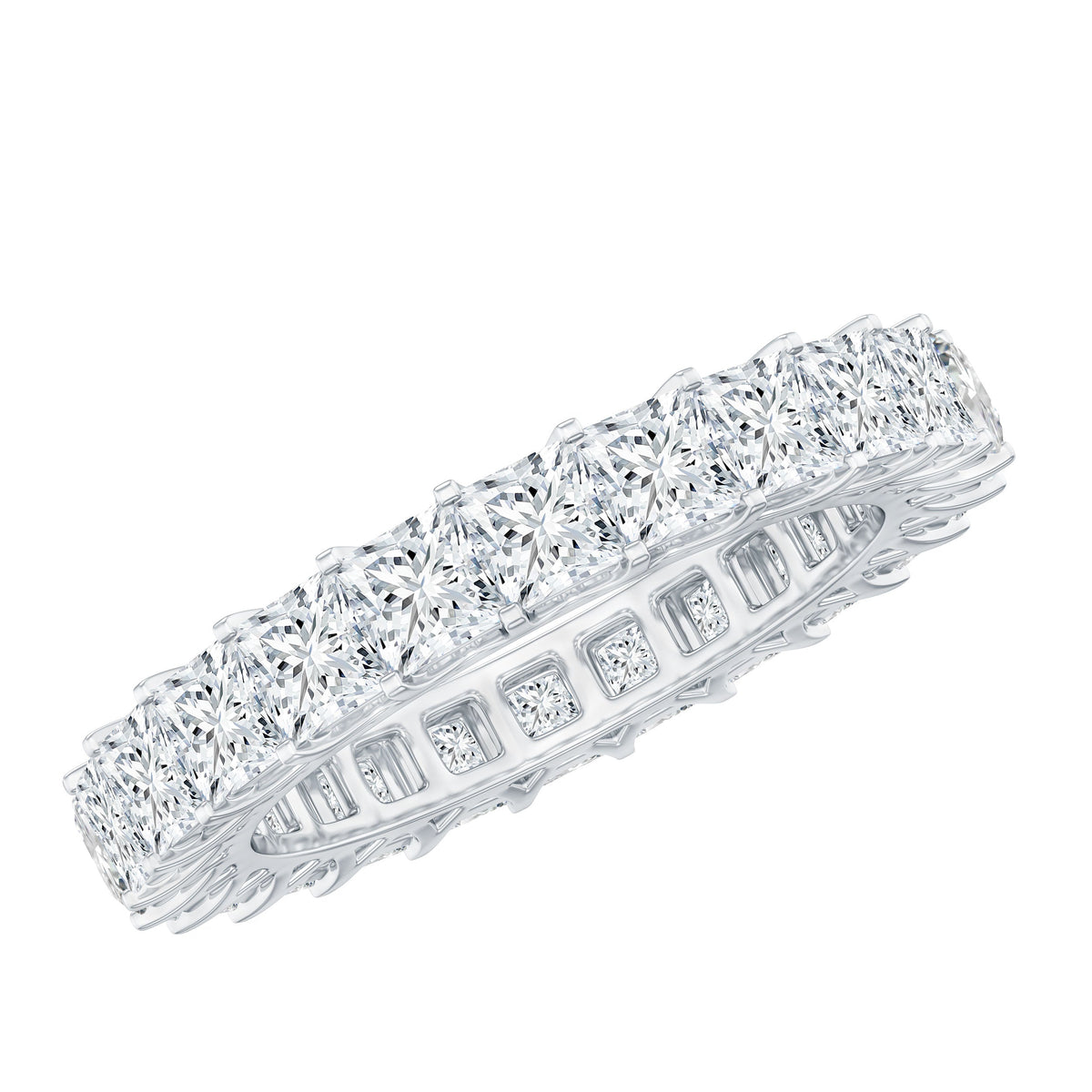Rosec Jewels princess cut cubic zirconia eternity wedding band ring with certificate, featuring sparkling stones and a sleek design.