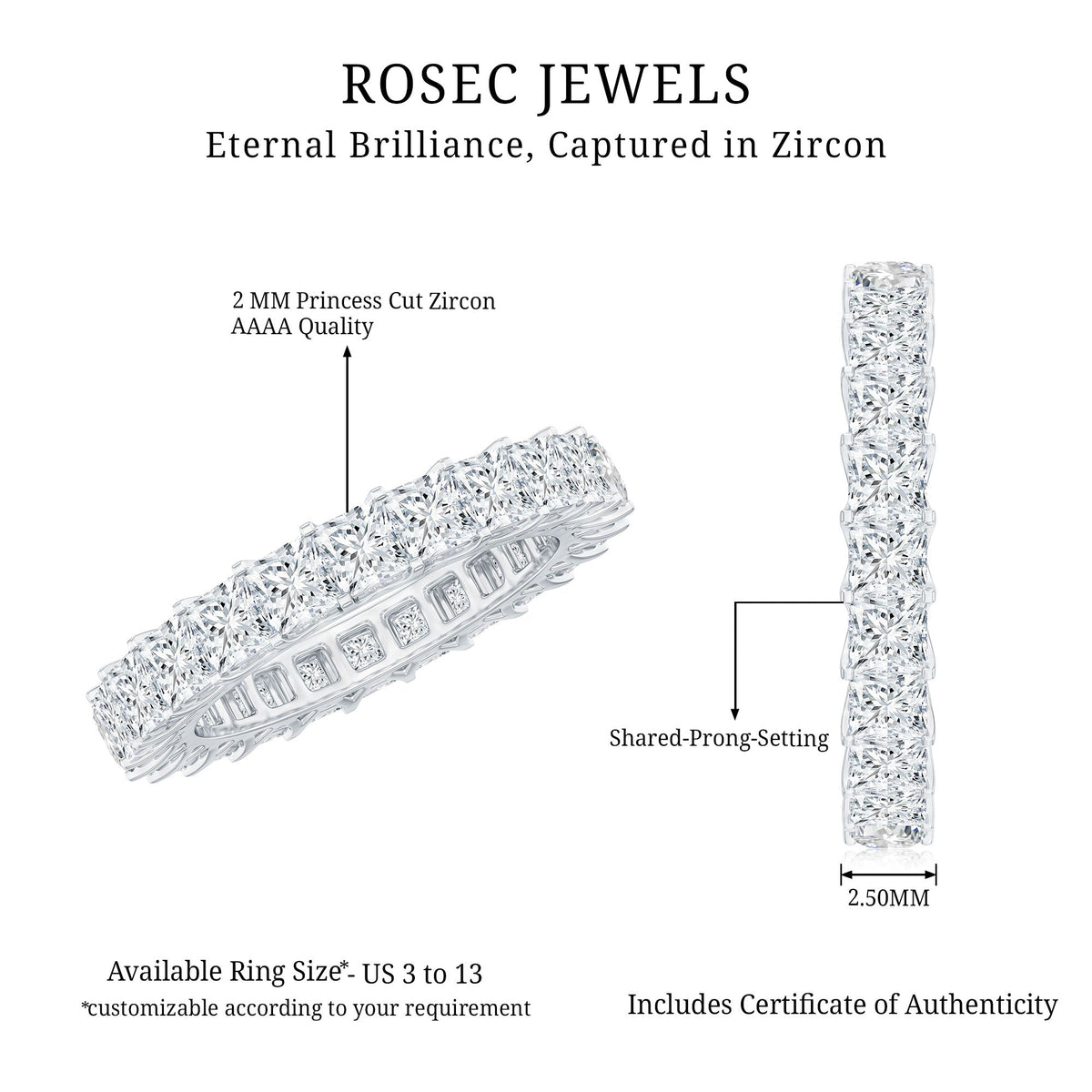 Rosec Jewels princess cut cubic zirconia eternity wedding band ring with certificate, showcasing sparkling stones on a sleek silver band.
