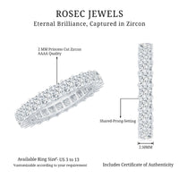Rosec Jewels princess cut cubic zirconia eternity wedding band ring with certificate, showcasing sparkling stones on a sleek silver band.