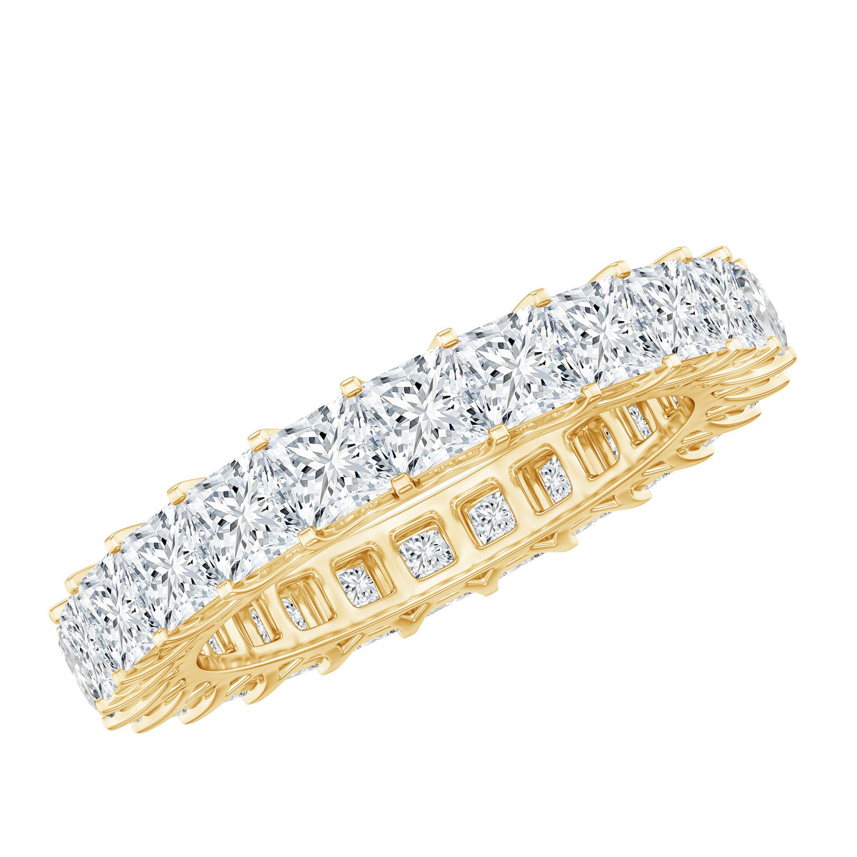 Rosec Jewels princess cut cubic zirconia eternity wedding band ring with sparkling stones and certificate, close-up view.