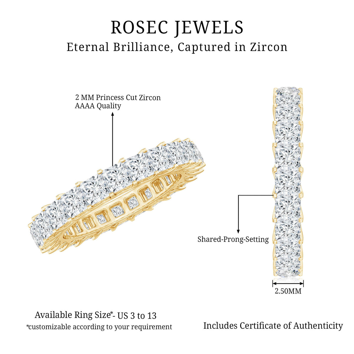 Rosec Jewels princess cut cubic zirconia eternity wedding band ring with certificate, showcasing sparkling stones and polished silver band.