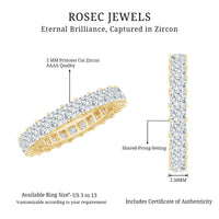 Rosec Jewels princess cut cubic zirconia eternity wedding band ring with certificate, showcasing sparkling stones and polished silver band.