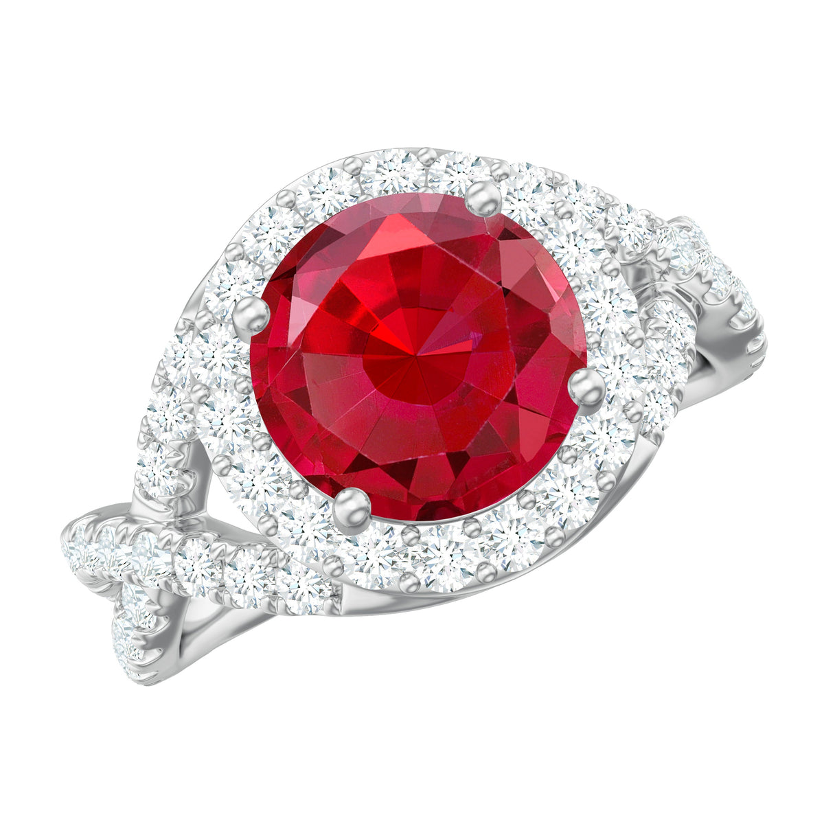 Round created ruby crossover engagement ring with moissanite by Rosec Jewels, featuring a unique intertwined design and sparkling gemstones.
