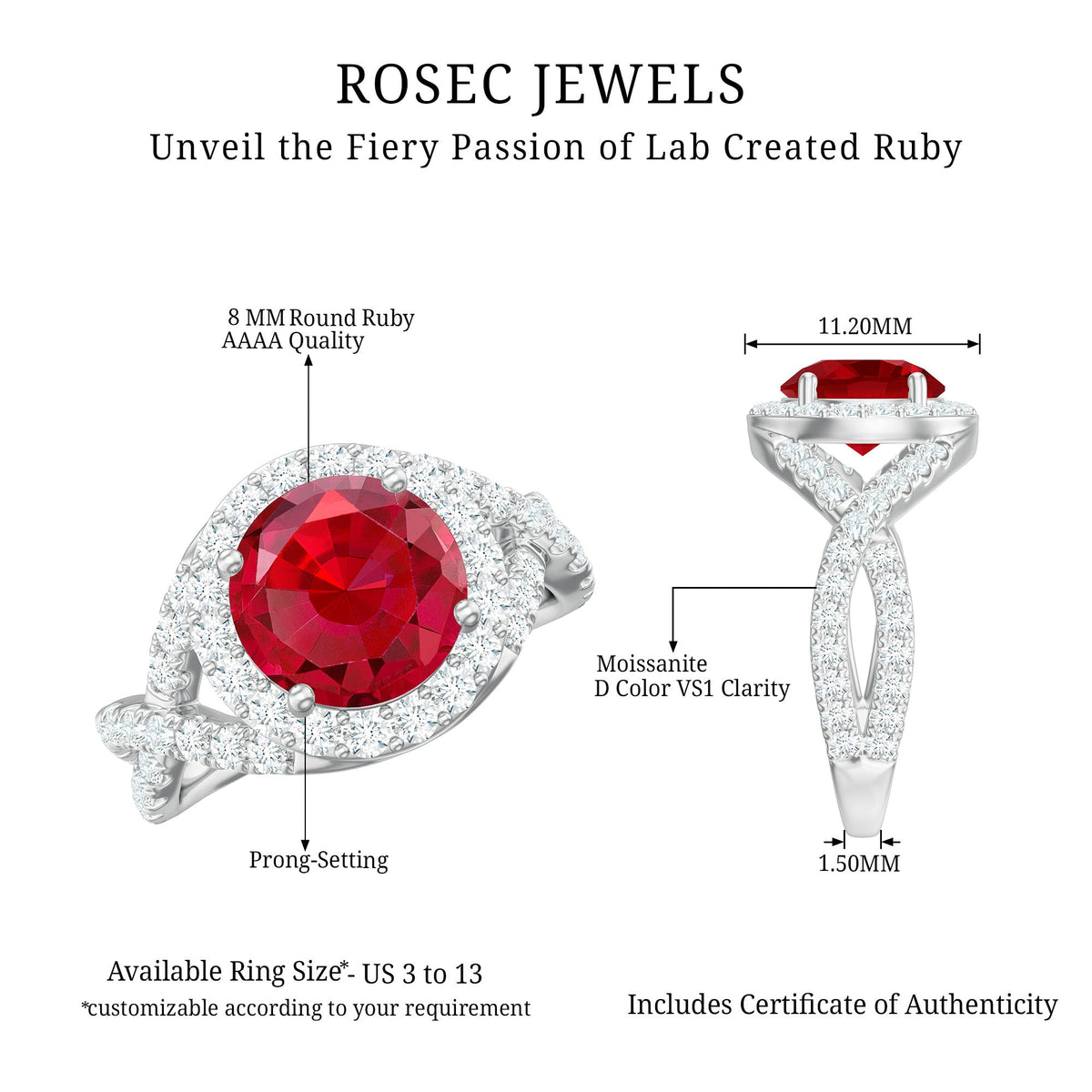 Round created ruby crossover engagement ring with Moissanite from Rosec Jewels, showcasing the intricate band design and sparkling stones.