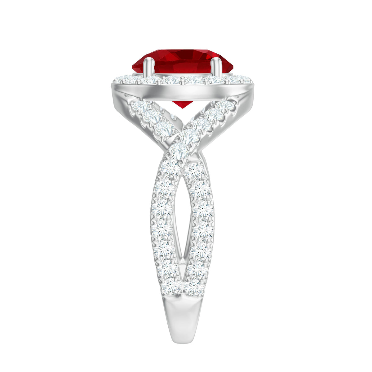 Round created ruby crossover engagement ring with moissanite by Rosec Jewels, showcasing the elegant ruby and sparkling stones.