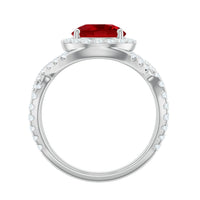 Round created ruby crossover engagement ring with moissanite from Rosec Jewels, showcasing a polished band and sparkling gemstones.