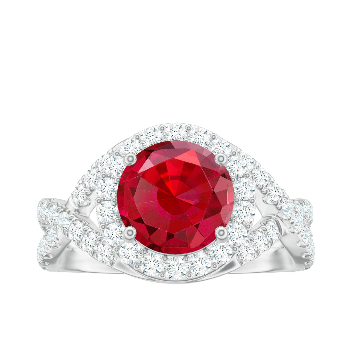 Round created ruby crossover engagement ring with moissanite from Rosec Jewels, featuring a stunning ruby centerpiece and sparkling accents.