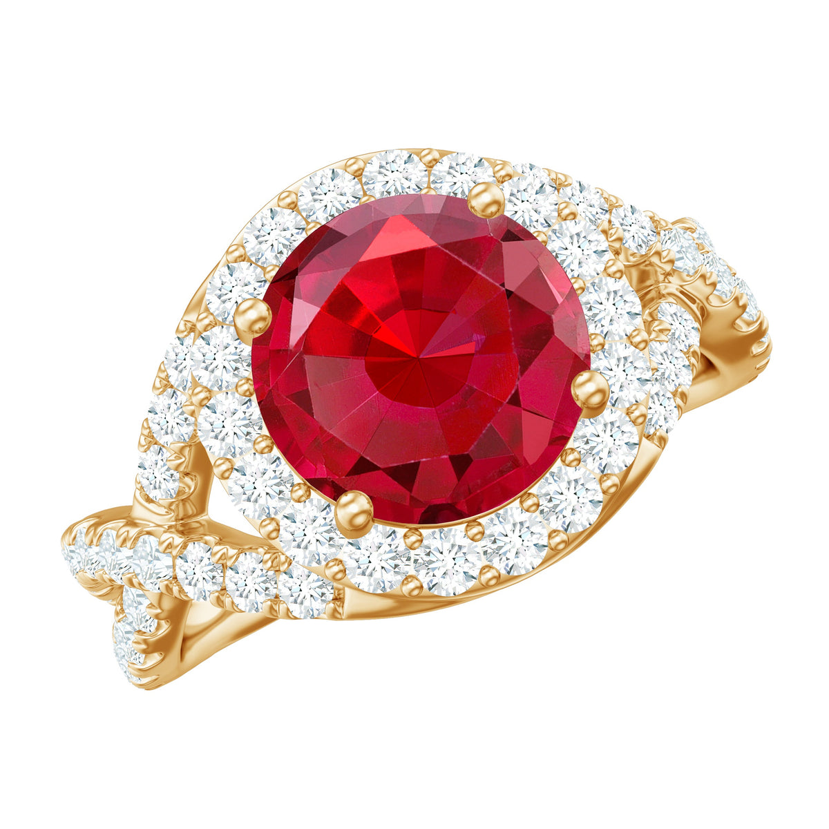 Round created ruby crossover engagement ring with moissanite accents, crafted by Rosec Jewels, featuring a polished gold band.