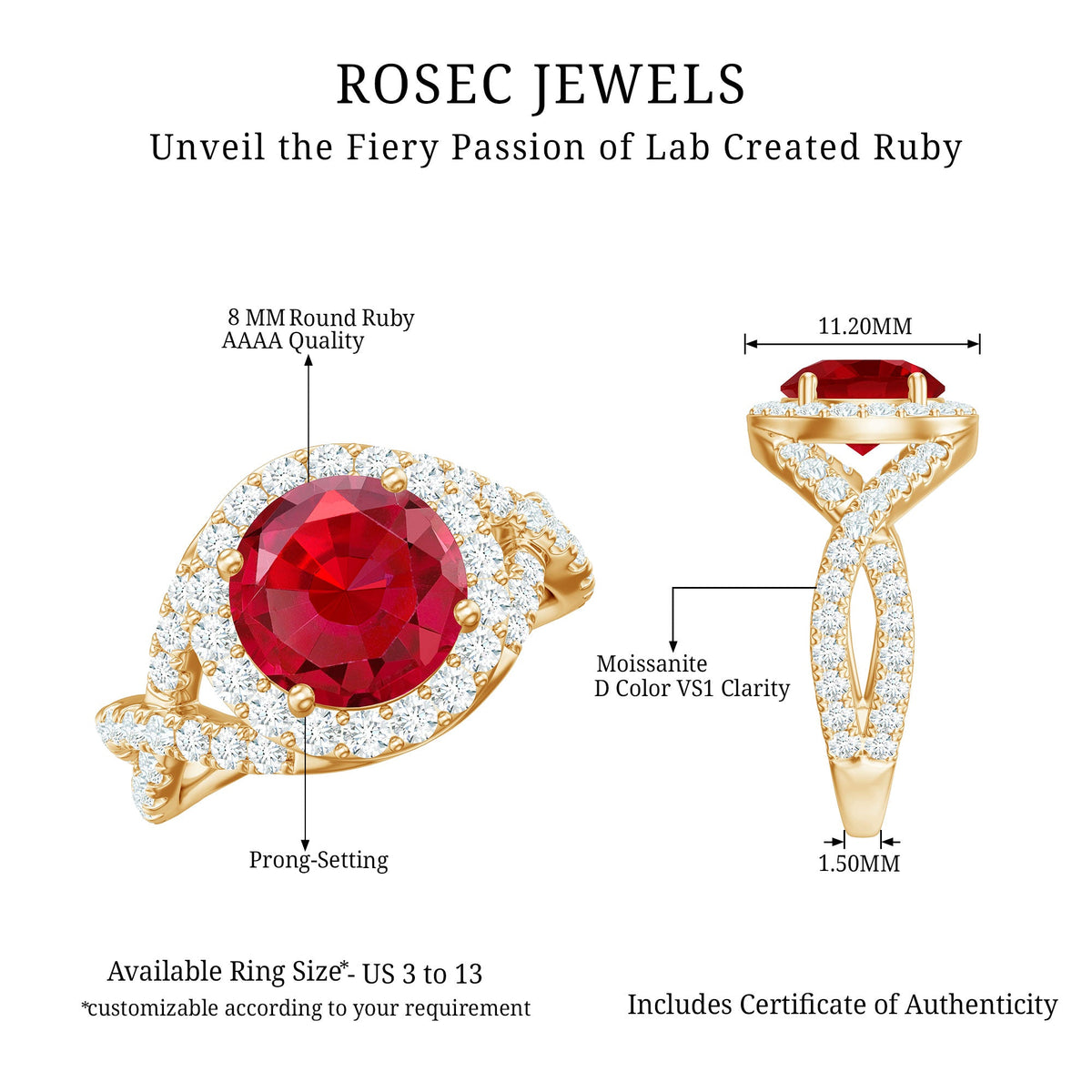 Round created ruby crossover engagement ring with moissanite stones from Rosec Jewels, showcasing an elegant design and sparkling gemstones.