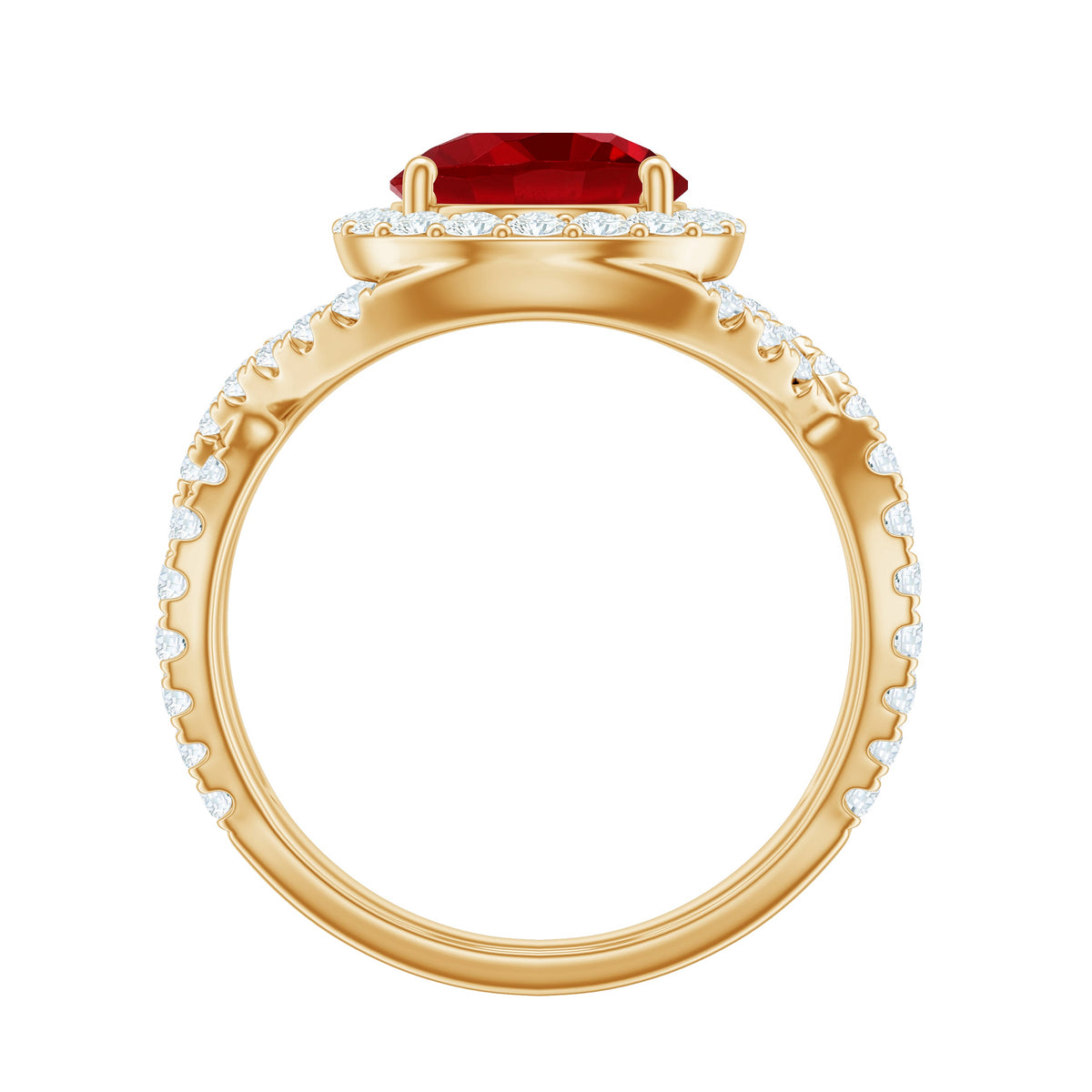 Round created ruby crossover engagement ring with moissanite stones by Rosec Jewels, showcasing a sparkling, elegant design.