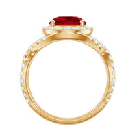 Round created ruby crossover engagement ring with moissanite stones by Rosec Jewels, showcasing a sparkling, elegant design.