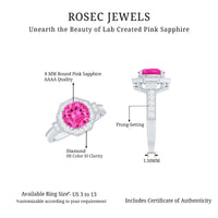Lab-created pink sapphire vintage engagement ring with diamond halo from Rosec Jewels, showcasing intricate ring design and sparkling stones.