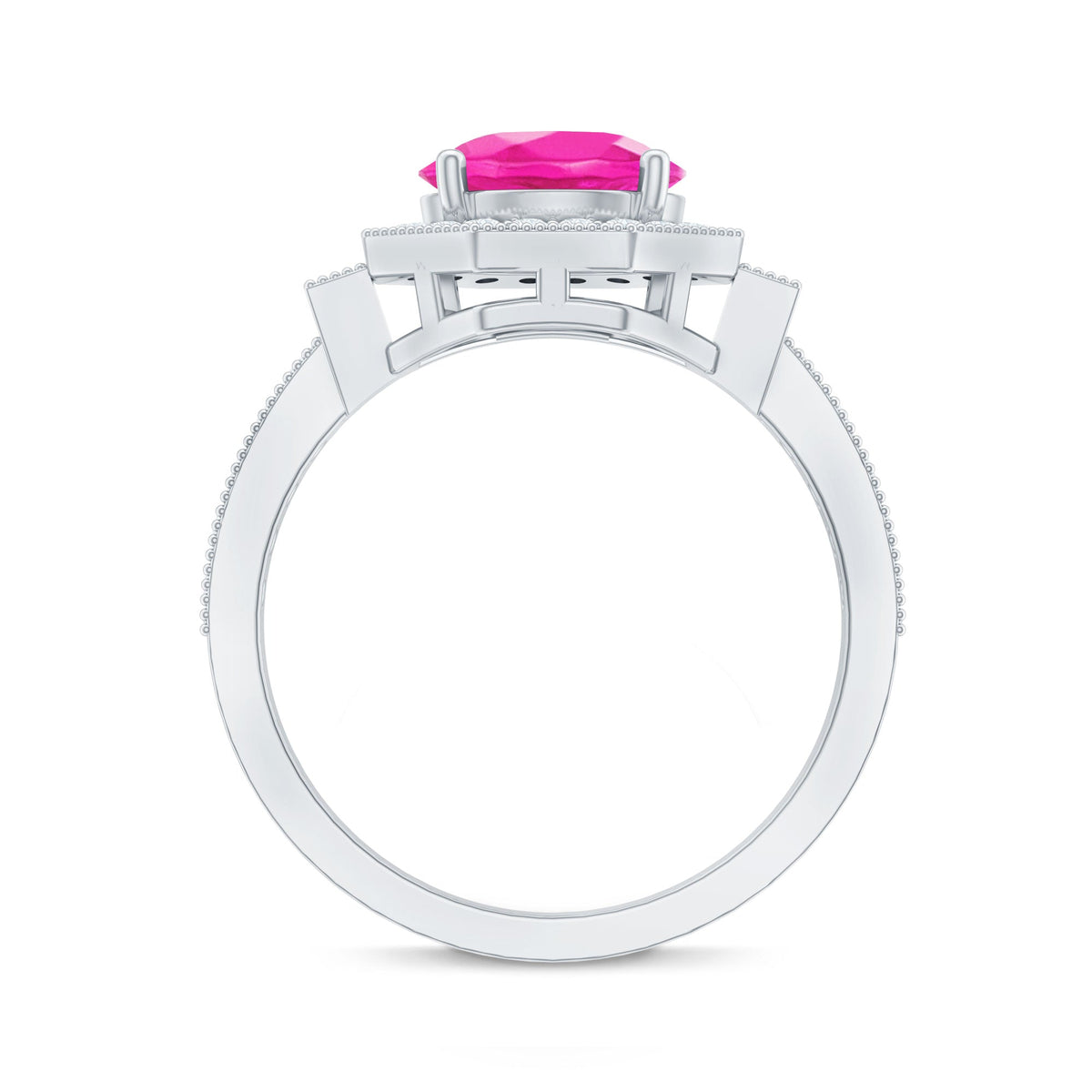 Lab-created pink sapphire vintage engagement ring with diamond halo, Rosec Jewels, showcasing intricate design and sparkling gemstones.