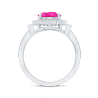 Lab-created pink sapphire vintage engagement ring with diamond halo, Rosec Jewels, showcasing intricate design and sparkling gemstones.