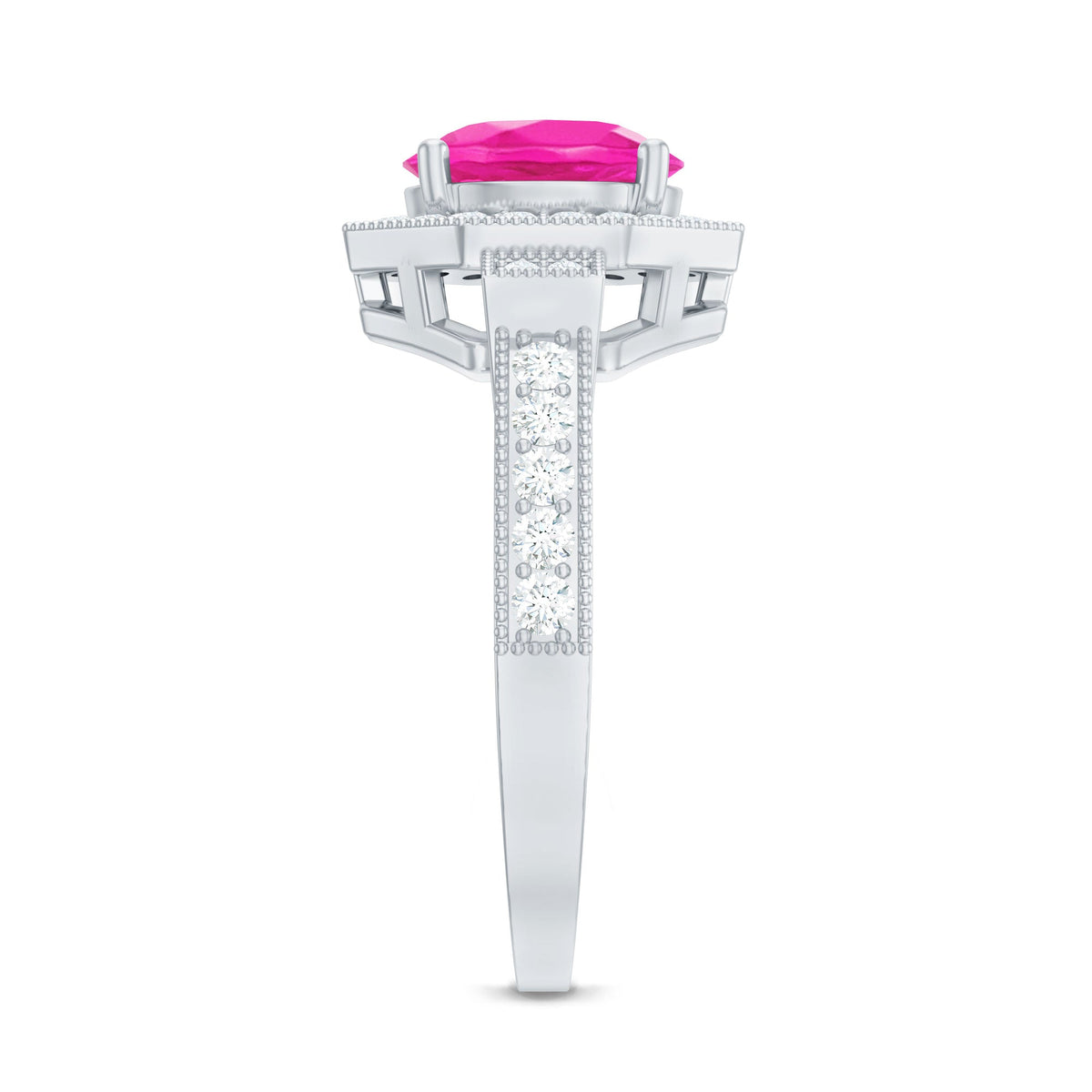 Lab-created pink sapphire vintage engagement ring with diamond halo, featuring intricate metalwork and sparkling stones.