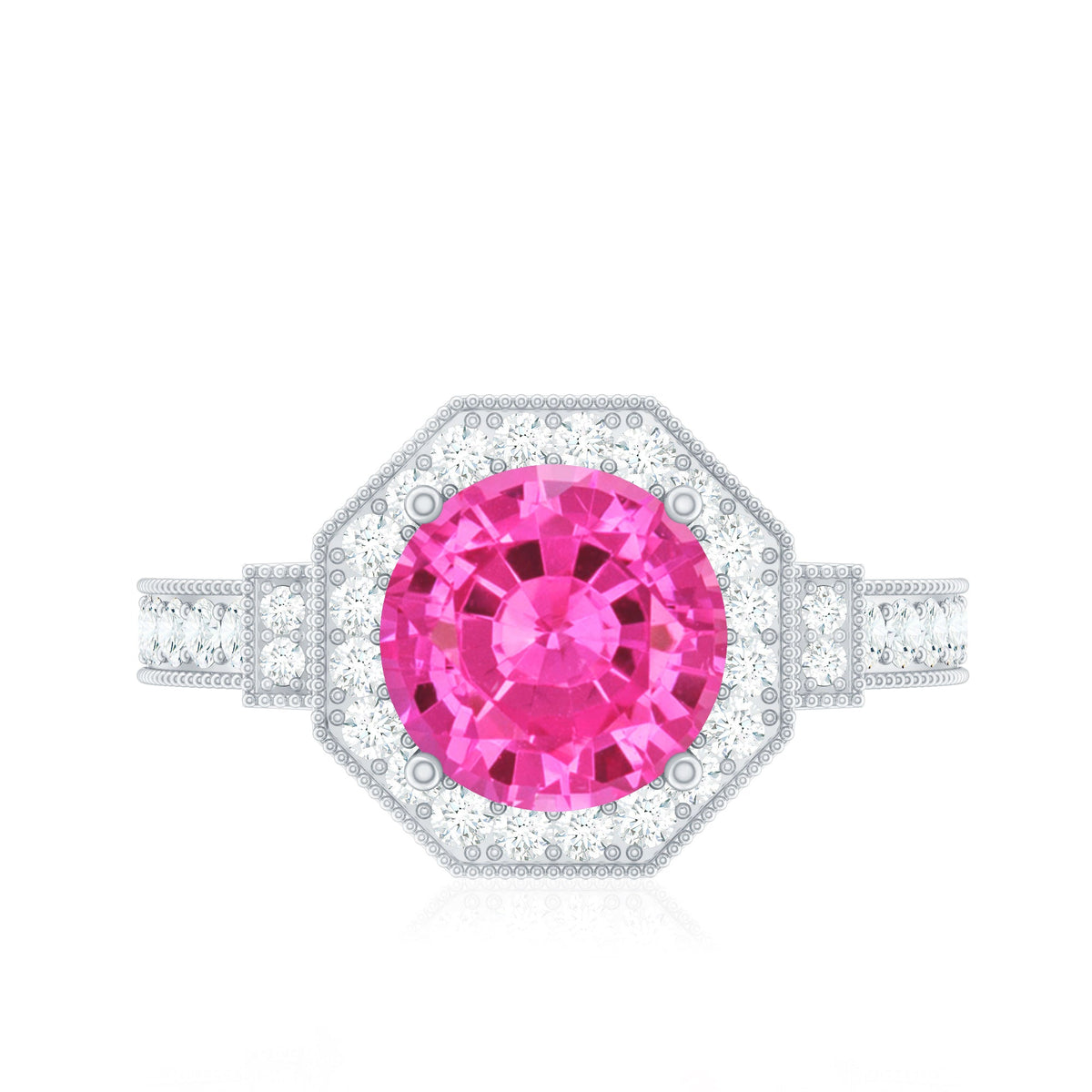 Lab-created pink sapphire vintage engagement ring with diamond halo from Rosec Jewels, showcasing intricate design and sparkling gemstones.