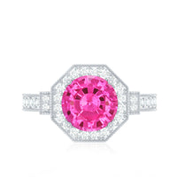Lab-created pink sapphire vintage engagement ring with diamond halo from Rosec Jewels, showcasing intricate design and sparkling gemstones.