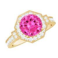 Vintage pink sapphire engagement ring with diamond halo by Rosec Jewels, showcasing a lab-created pink sapphire centerpiece and intricate design.