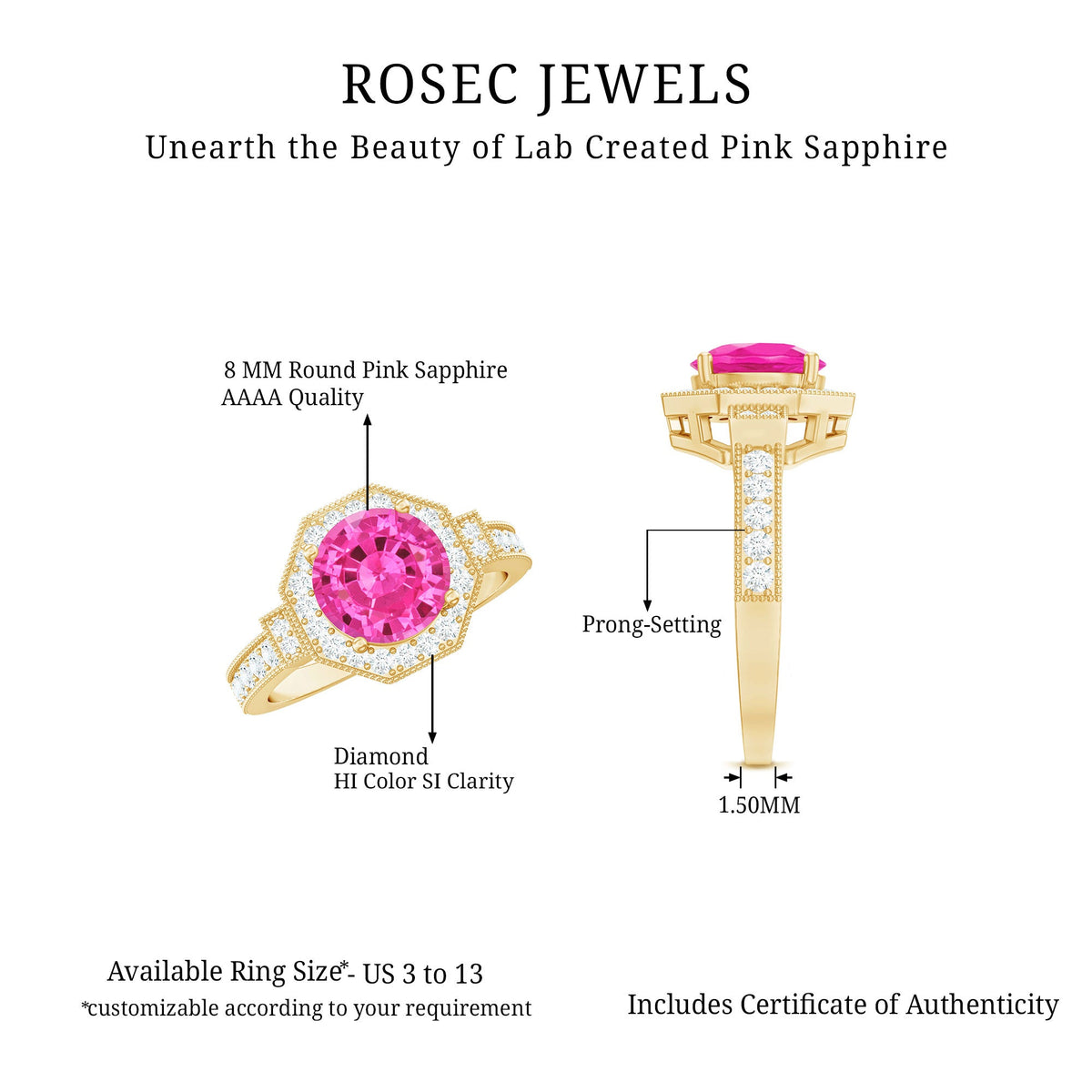 Rosec Jewels vintage engagement ring featuring a lab-created pink sapphire with diamond halo and intricate metalwork.