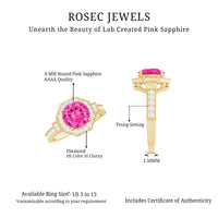 Rosec Jewels vintage engagement ring featuring a lab-created pink sapphire with diamond halo and intricate metalwork.