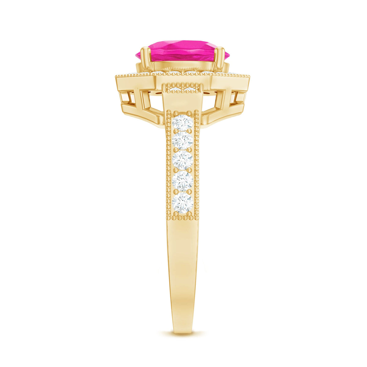 Vintage pink sapphire engagement ring with diamond halo by Rosec Jewels, showcasing intricate design and sparkling gemstones.