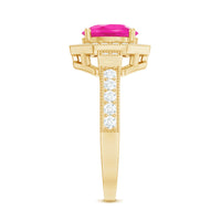 Vintage pink sapphire engagement ring with diamond halo by Rosec Jewels, showcasing intricate design and sparkling gemstones.