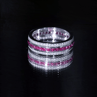 Lab created ruby three-row wedding band ring for women by Rosec Jewels, featuring sparkling red rubies in a elegant stacked design.