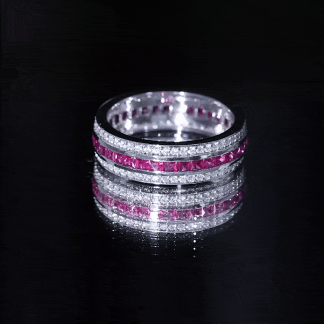 Lab created ruby three-row wedding band for women by Rosec Jewels, featuring sparkling red gemstones in a elegant ring design.