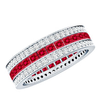 Lab created ruby three-row wedding band for women by Rosec Jewels, showcasing sparkling red rubies set in a sleek ring design.