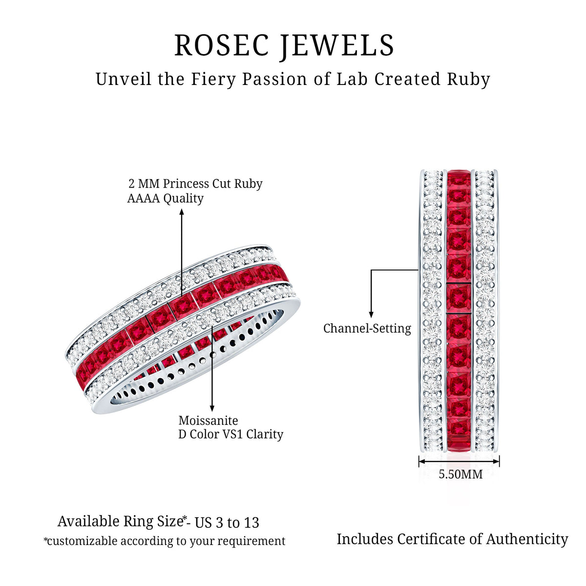 Three-row lab-created ruby wedding band for women with sparkling red gemstones, set in a elegant Rosec Jewels ring design.
