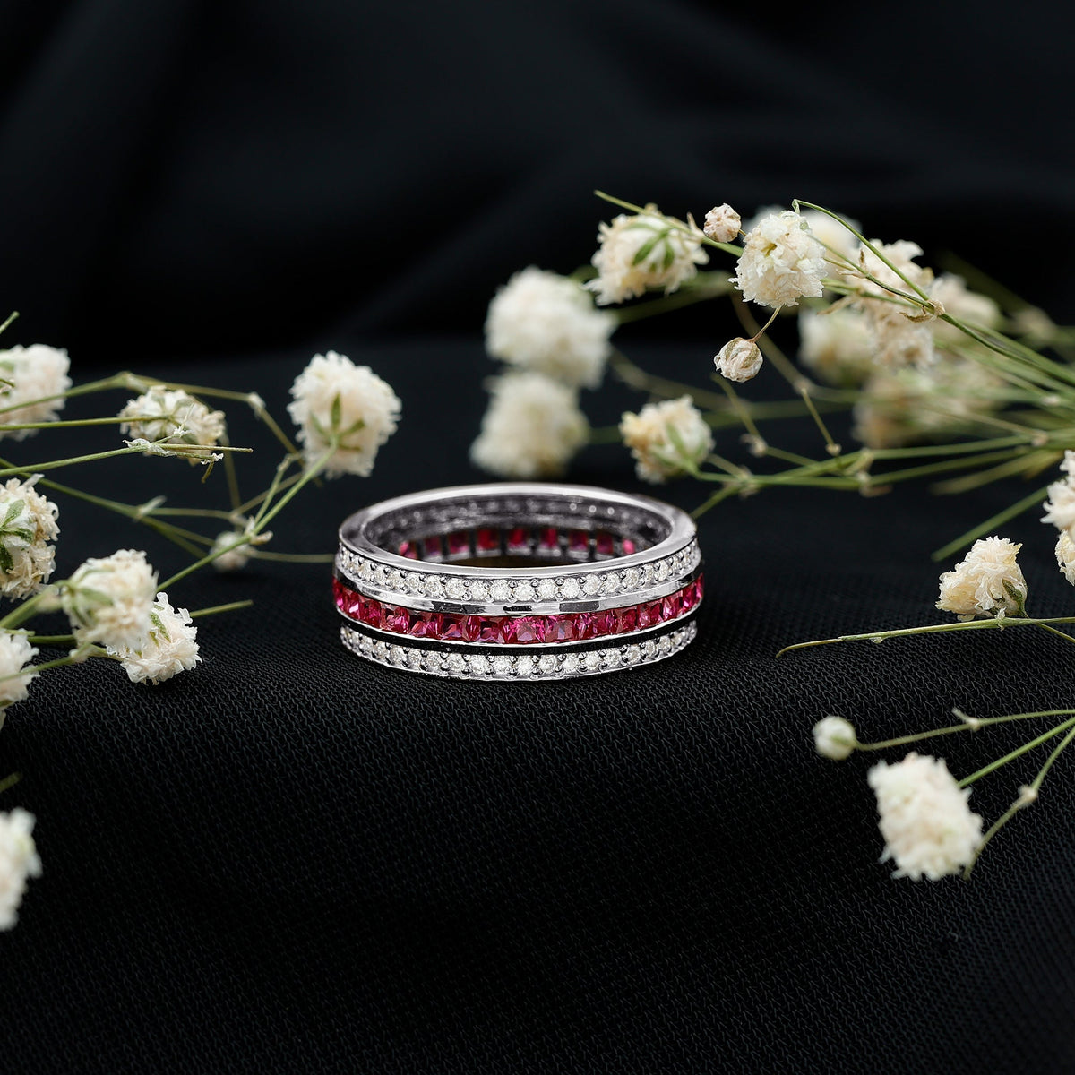 Lab created ruby three-row wedding band for women by Rosec Jewels, featuring sparkling red gemstones in a elegant ring design.