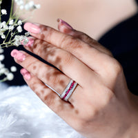 Lab created ruby three-row wedding band for women by Rosec Jewels, showcasing a sparkling ruby design in a delicate ring.