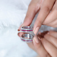 Three-row lab-created ruby wedding band for women by Rosec Jewels, showcasing sparkling red rubies in a elegant ring design.