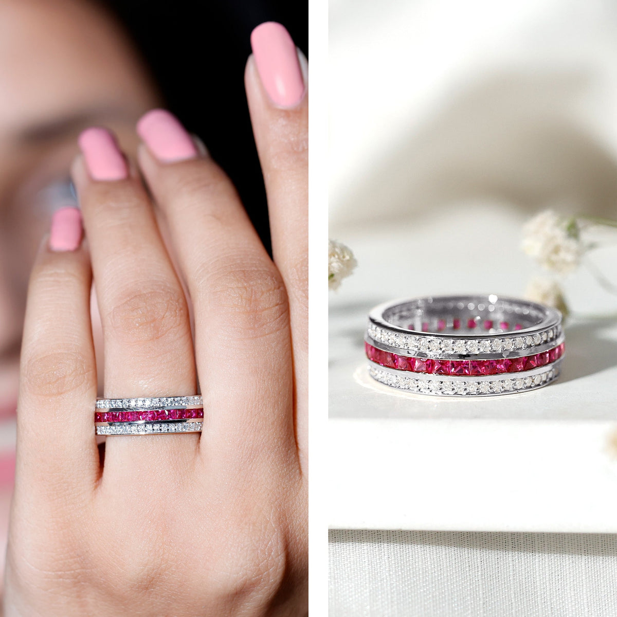Lab created ruby three-row wedding band for women by Rosec Jewels, featuring sparkling ruby stones in a elegant ring design.