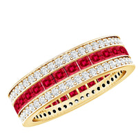 Lab created ruby three-row wedding band for women by Rosec Jewels, showcasing sparkling ruby stones on a sleek silver ring.