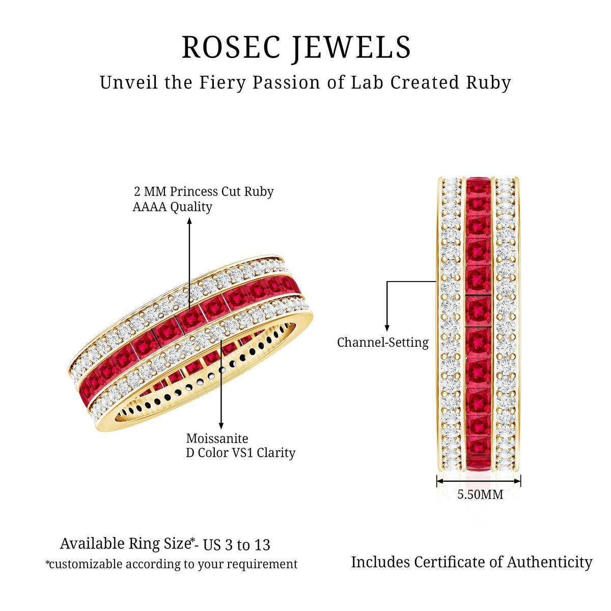 Lab created ruby three-row wedding band ring for women by Rosec Jewels, featuring sparkling red rubies and elegant design.