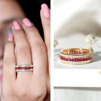 Lab created ruby three-row wedding band for women by Rosec Jewels, featuring sparkling red gemstones in a elegant ring design.