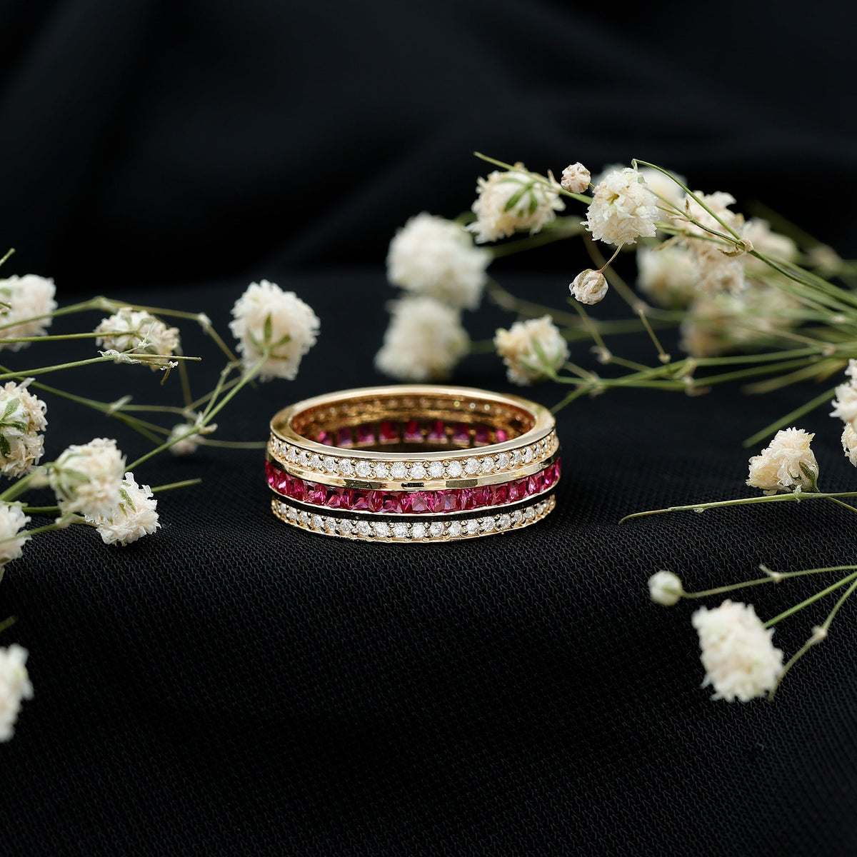 Lab created ruby three-row wedding band ring for women by Rosec Jewels, featuring sparkling red rubies and intricate design.