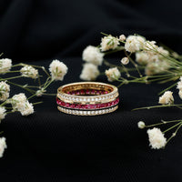 Lab created ruby three-row wedding band ring for women by Rosec Jewels, featuring sparkling red rubies and intricate design.