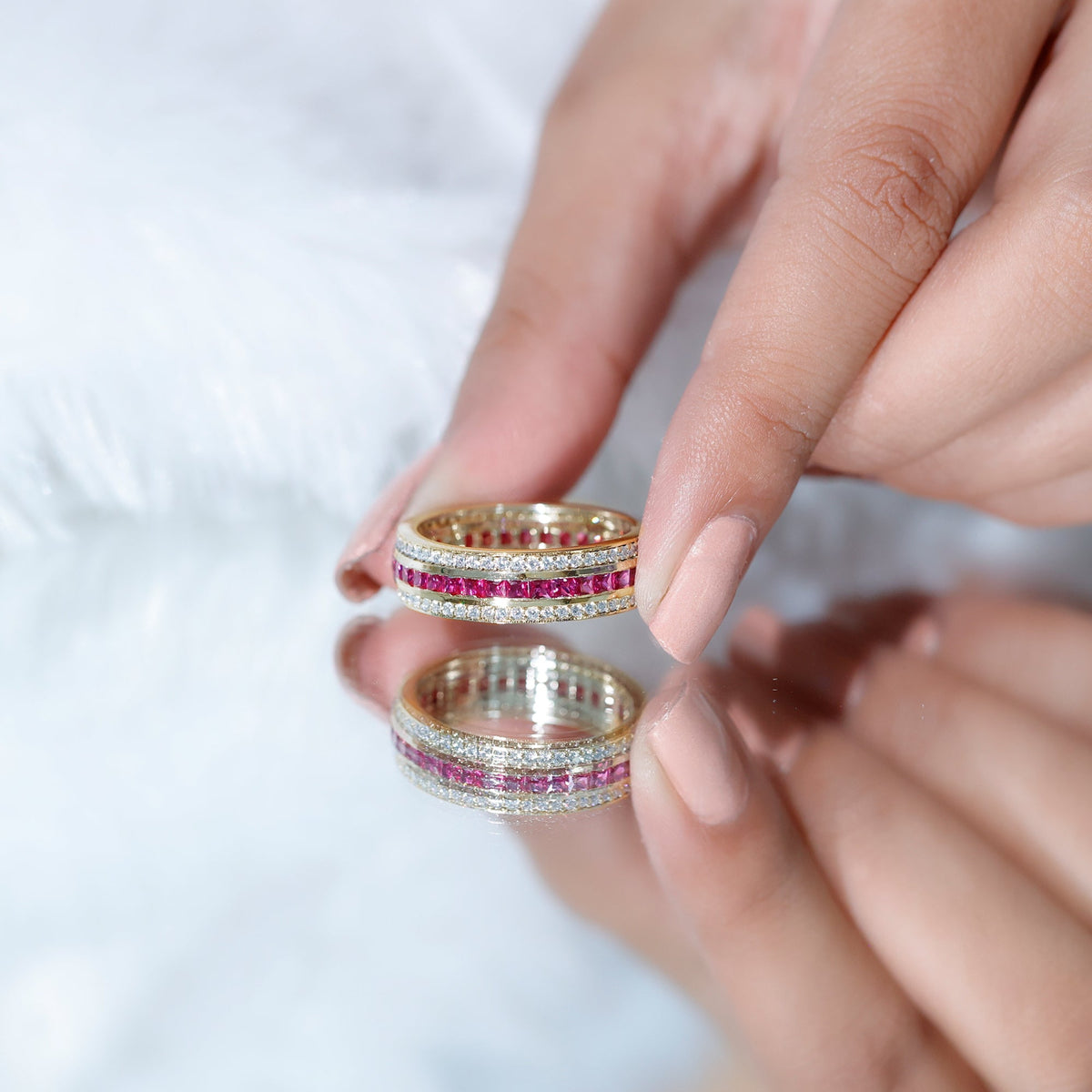 Lab created ruby three-row wedding band ring for women by Rosec Jewels, featuring vibrant red rubies and elegant design.