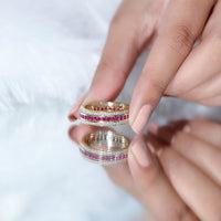 Lab created ruby three-row wedding band ring for women by Rosec Jewels, featuring vibrant red rubies and elegant design.