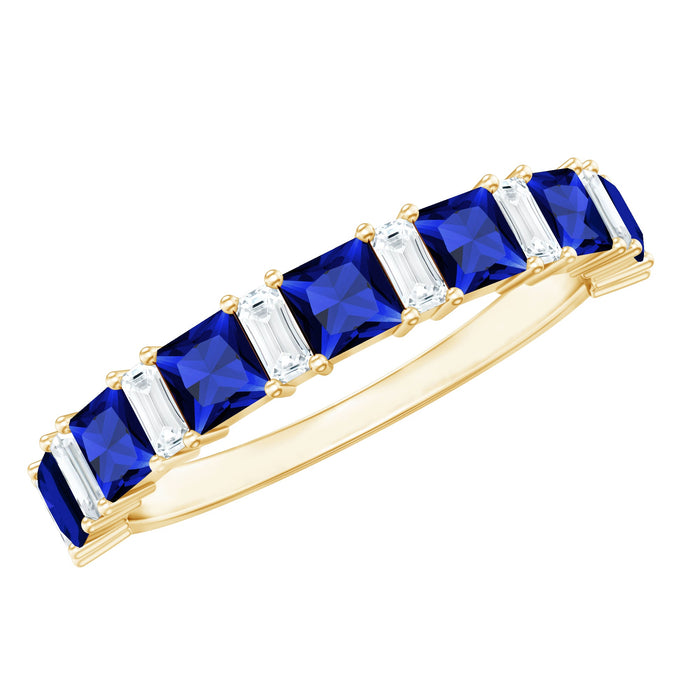 Princess cut lab-grown blue sapphire half eternity ring with diamonds from Rosec Jewels, showcasing sparkling gemstones and elegant design.