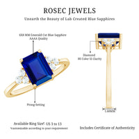 Emerald Cut Lab Created Blue Sapphire Engagement Ring with Diamond Accent