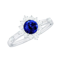 5mm Round Lab Created Blue Sapphire Classic Halo Ring with Diamond