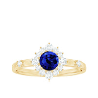 5mm Round Lab Created Blue Sapphire Classic Halo Ring with Diamond