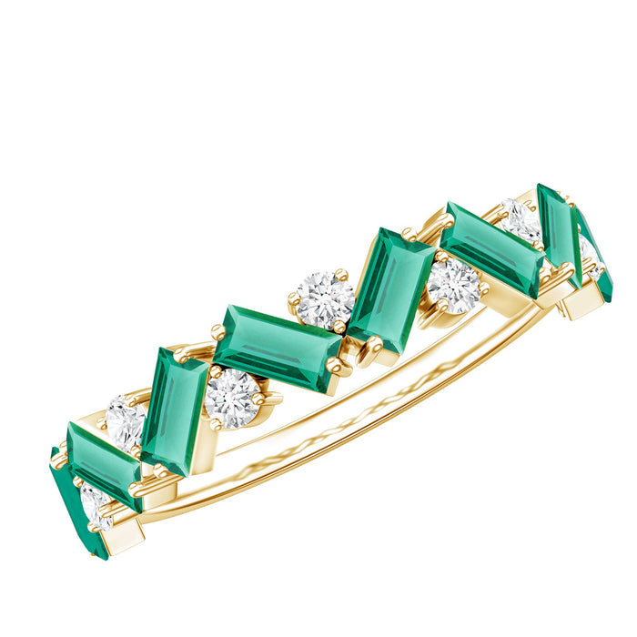 Baguette shape lab-grown emerald and diamond half eternity ring by Rosec Jewels, showcasing sparkling gemstones and elegant band.