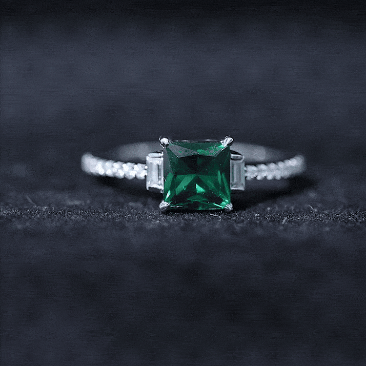 Lab grown emerald and diamond 3-stone engagement ring by Rosec Jewels featuring yellow gold and a certificate of authenticity.