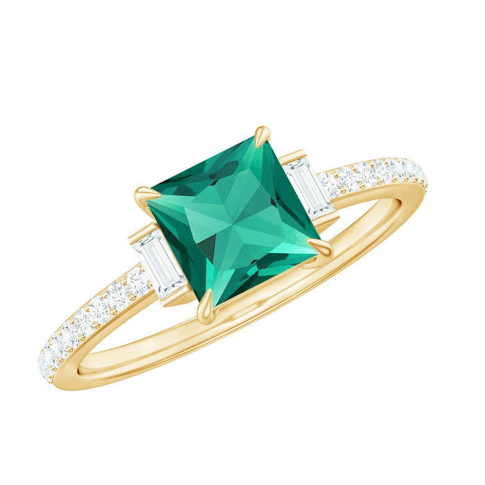 Lab grown emerald and diamond 3-stone engagement ring by Rosec Jewels with certificate, showcasing sparkling gemstones and elegant design.